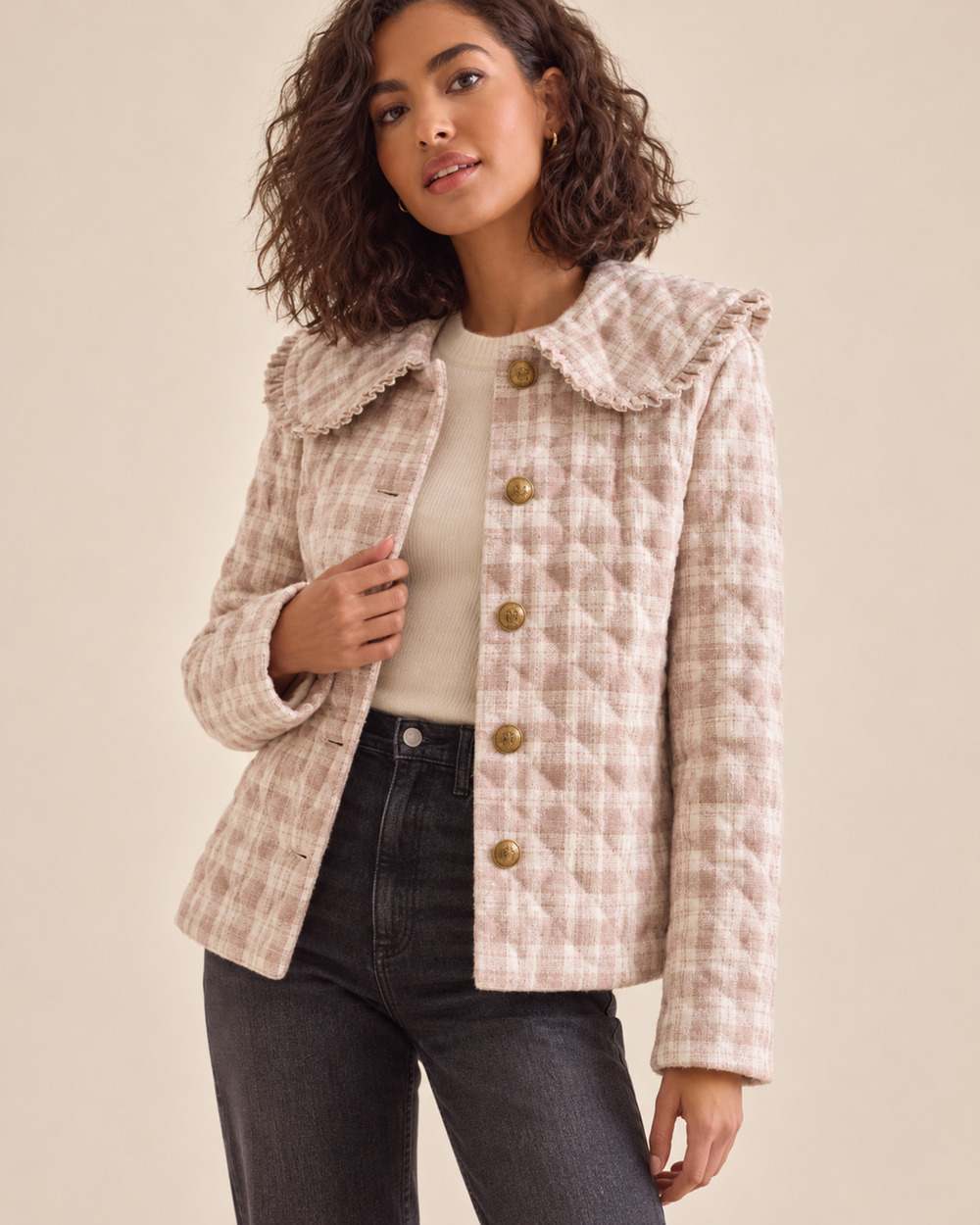 Altar'd State Quilted Plaid Jacket Medium Cream Tan Ruffled Button Up Mid NWT